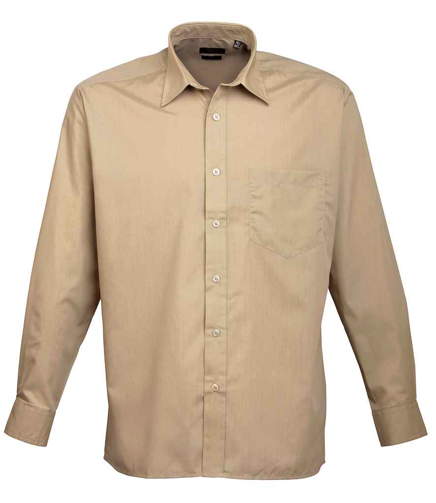 Premier Long Sleeve Poplin Shirt - (3rd Colours) in Khaki by Premier — Custom branded clothing by Print Press, featuring premium embroidery produced in our specialist print lab in the UK.