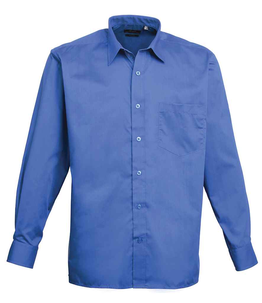 Premier Long Sleeve Poplin Shirt in Royal Blue by Premier — Custom branded clothing by Print Press, featuring premium embroidery produced in our specialist print lab in the UK.