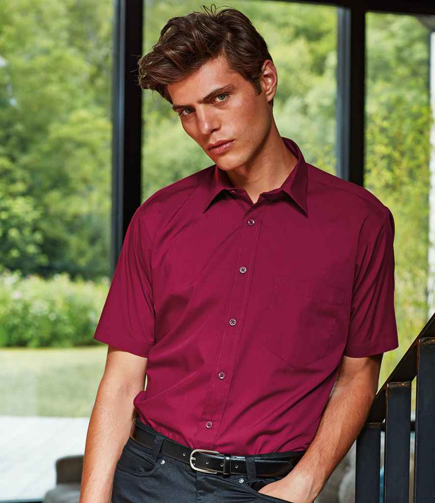 Premier Short Sleeve Poplin Shirt in Burgundy by Premier — Custom branded clothing by Print Press, featuring premium embroidery produced in our specialist print lab in the UK.