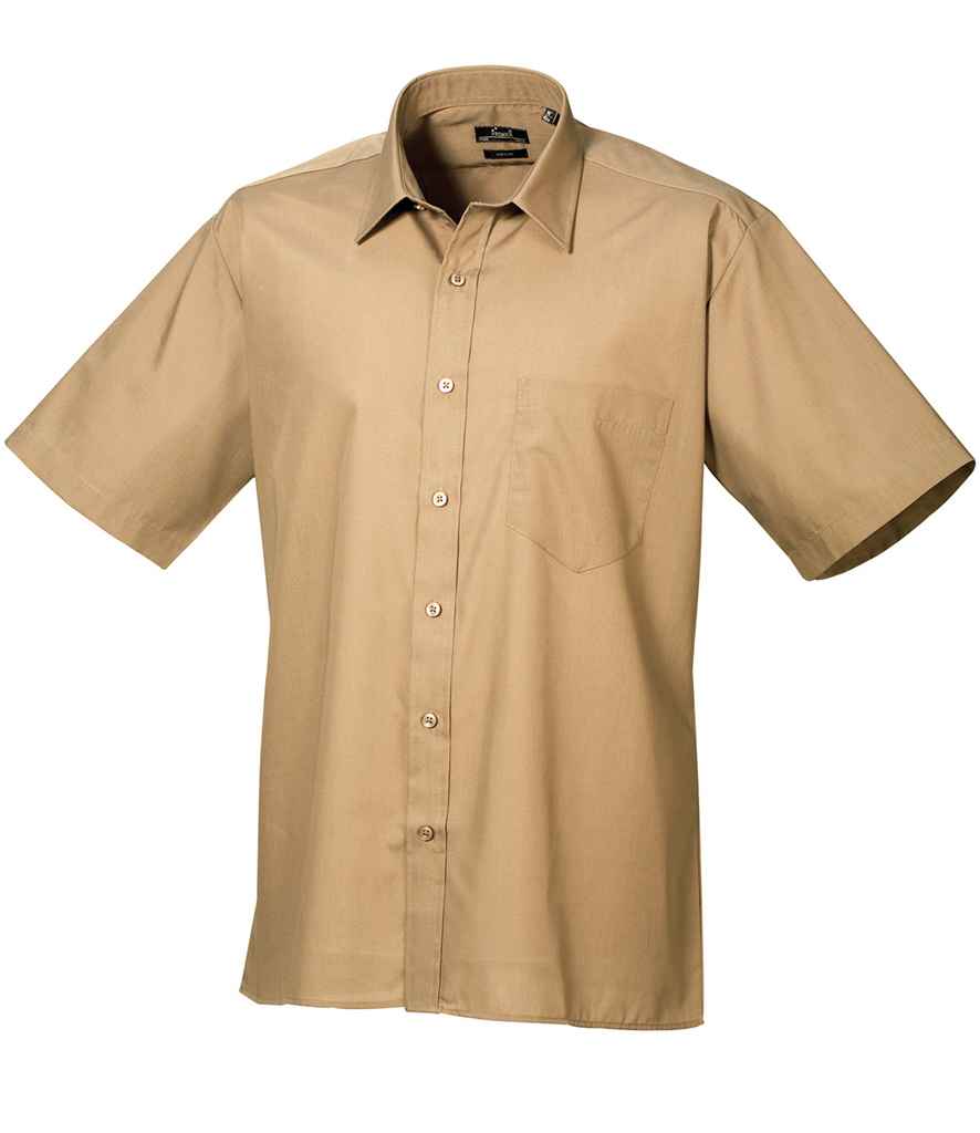 Premier Short Sleeve Poplin Shirt in Khaki by Premier — Custom branded clothing by Print Press, featuring premium embroidery produced in our specialist print lab in the UK.