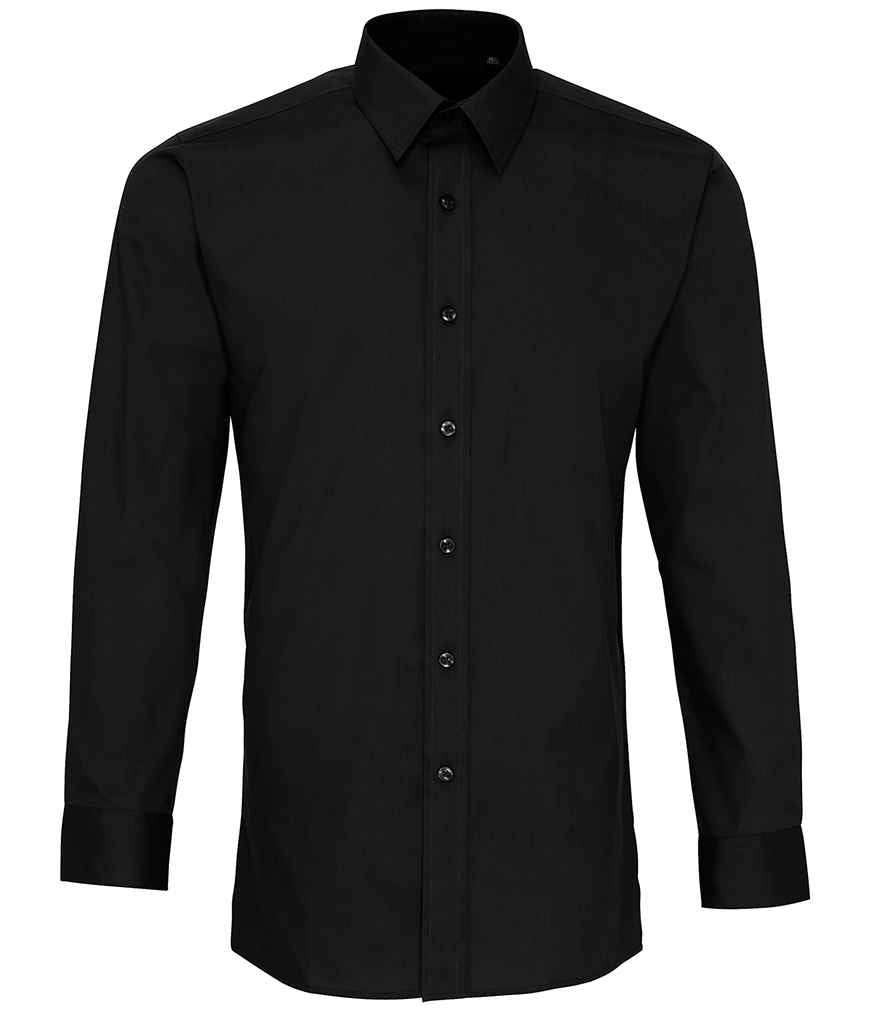 Premier Long Sleeve Fitted Poplin Shirt in Black by Premier — Custom branded clothing by Print Press, featuring premium embroidery produced in our specialist print lab in the UK.