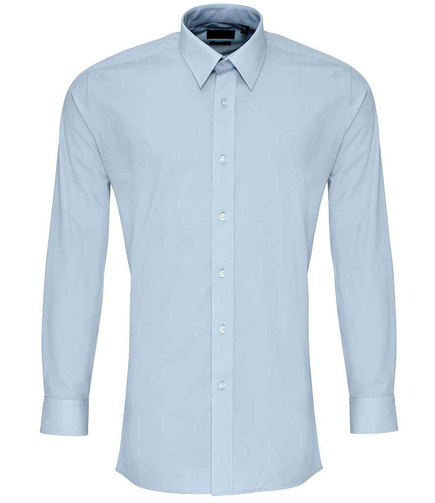Premier Long Sleeve Fitted Poplin Shirt in Light Blue by Premier — Custom branded clothing by Print Press, featuring premium embroidery produced in our specialist print lab in the UK.