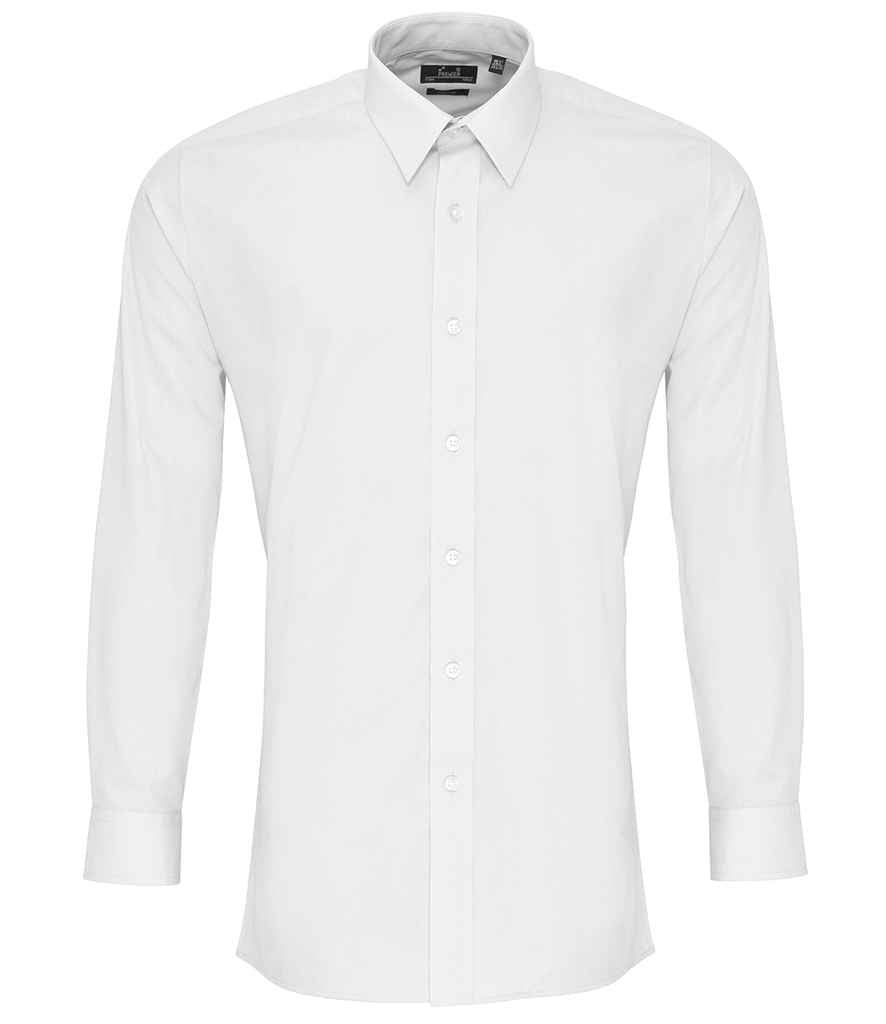 Premier Long Sleeve Fitted Poplin Shirt in White by Premier — Custom branded clothing by Print Press, featuring premium embroidery produced in our specialist print lab in the UK.