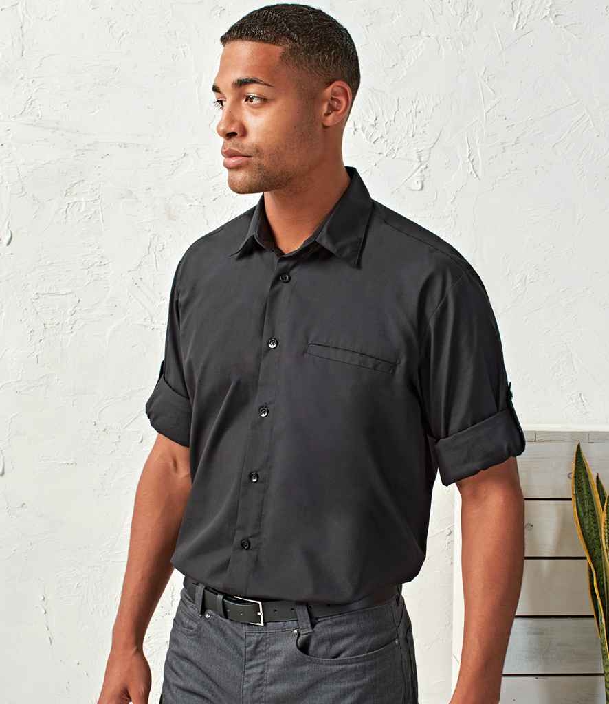 Premier Roll Sleeve Poplin Shirt in Black by Premier — Custom branded clothing by Print Press, featuring premium embroidery produced in our specialist print lab in the UK.