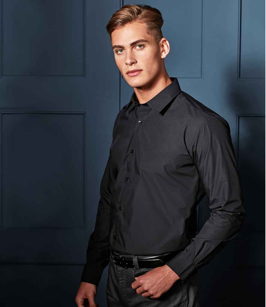 Premier Supreme Long Sleeve Poplin Shirt in Black by Premier — Custom branded clothing by Print Press, featuring premium embroidery produced in our specialist print lab in the UK.