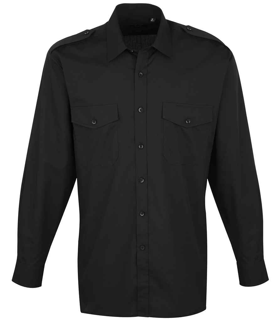 Premier Long Sleeve Pilot Shirt in Black by Premier — Custom branded clothing by Print Press, featuring premium embroidery produced in our specialist print lab in the UK.