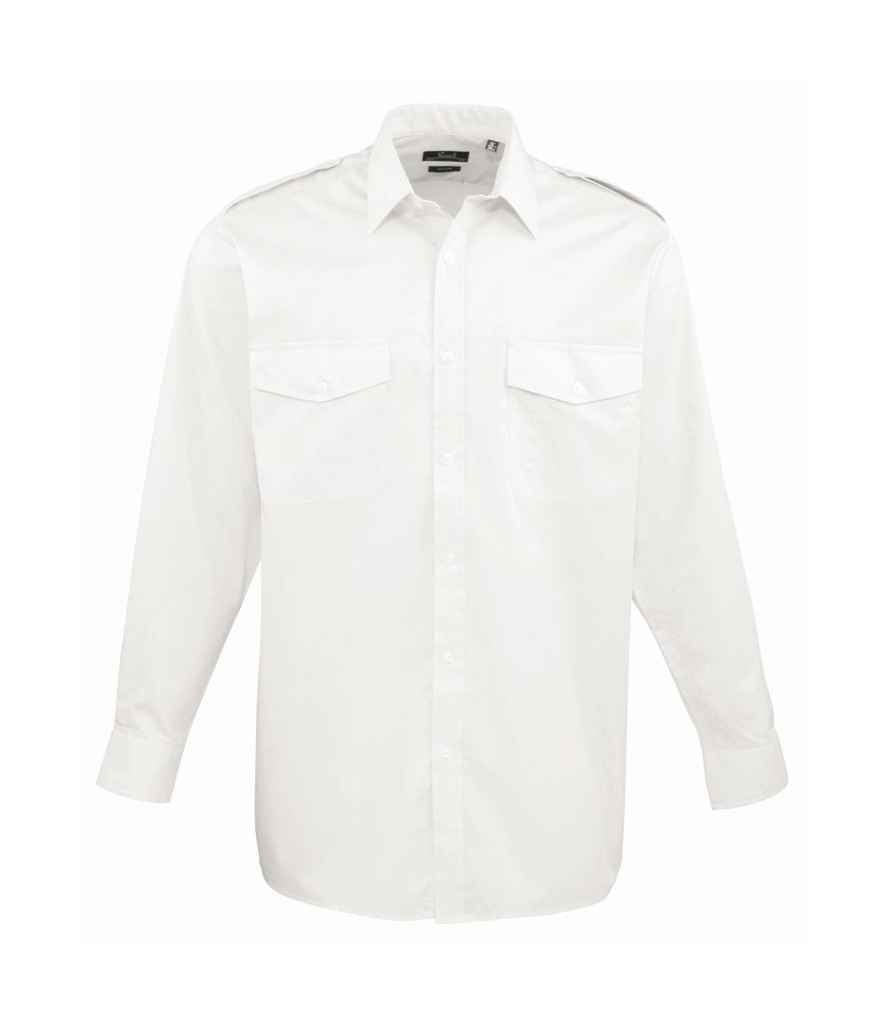 Premier Long Sleeve Pilot Shirt in White by Premier — Custom branded clothing by Print Press, featuring premium embroidery produced in our specialist print lab in the UK.