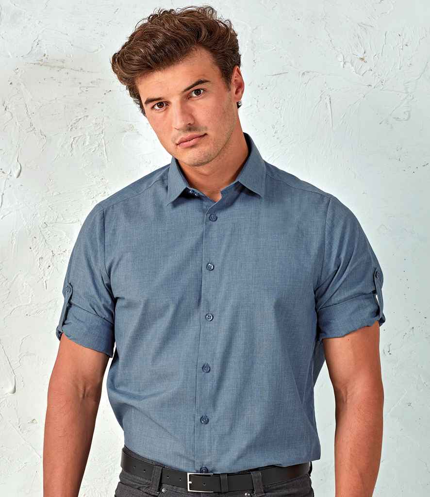 Premier Cross-Dye Roll Sleeve Shirt in Indigo Denim by Premier — Custom branded clothing by Print Press, featuring premium embroidery produced in our specialist print lab in the UK.