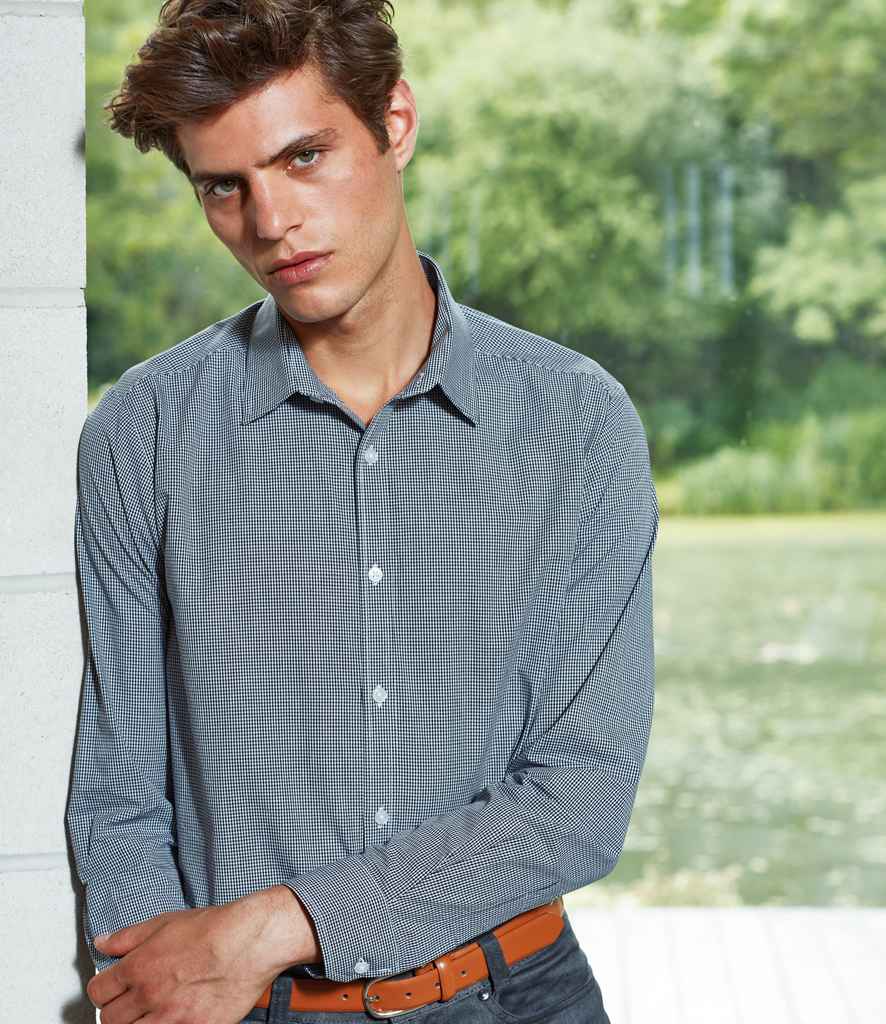 Premier Gingham Long Sleeve Shirt in Black White by Premier — Custom branded clothing by Print Press, featuring premium embroidery produced in our specialist print lab in the UK.