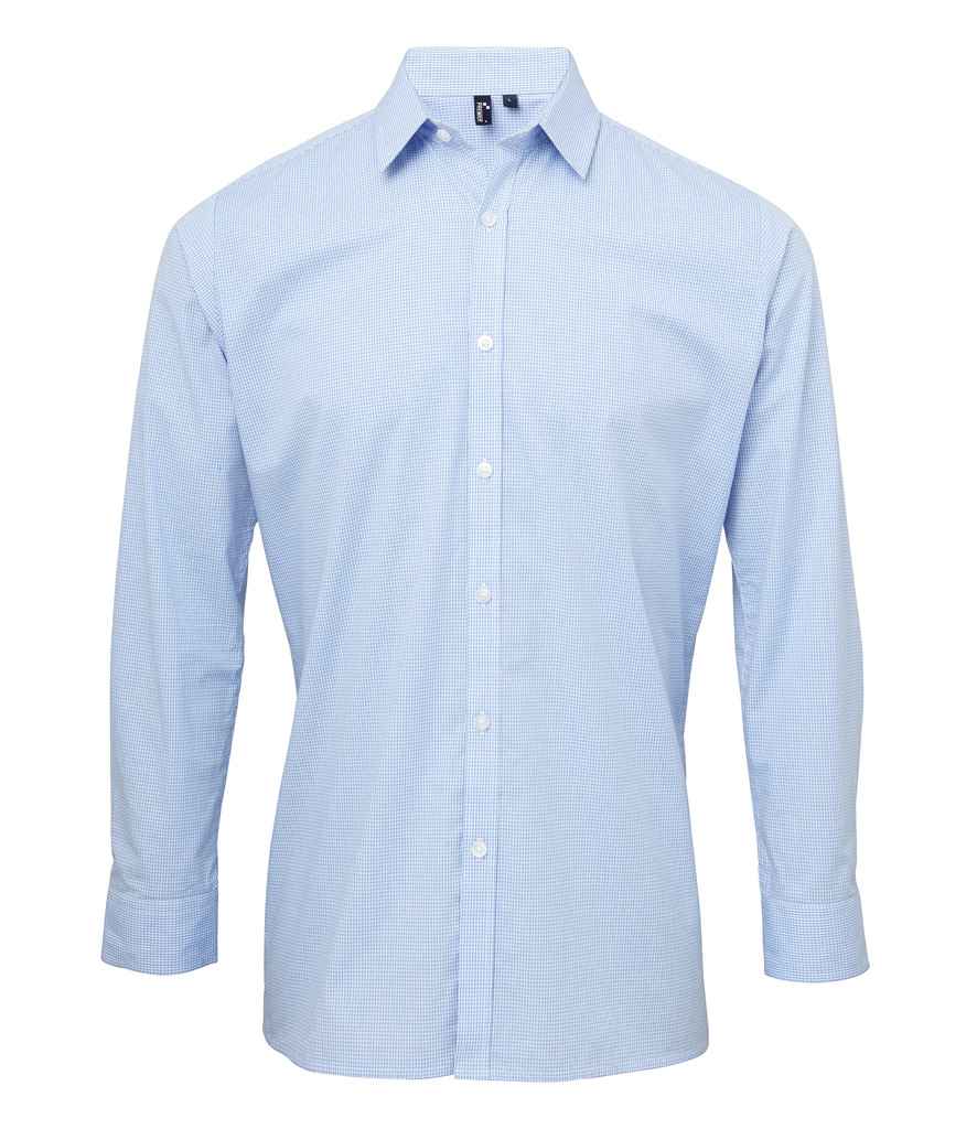 Premier Gingham Long Sleeve Shirt in Light Blue White by Premier — Custom branded clothing by Print Press, featuring premium embroidery produced in our specialist print lab in the UK.
