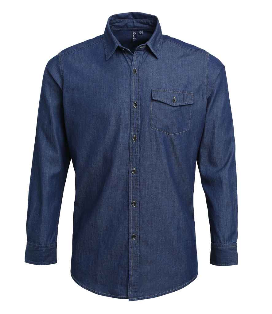 Premier Jeans Stitch Denim Shirt in Indigo Denim by Premier — Custom branded clothing by Print Press, featuring premium embroidery produced in our specialist print lab in the UK.