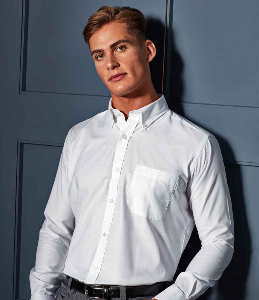 Premier Signature Long Sleeve Oxford Shirt in White by Premier — Custom branded clothing by Print Press, featuring premium embroidery produced in our specialist print lab in the UK.