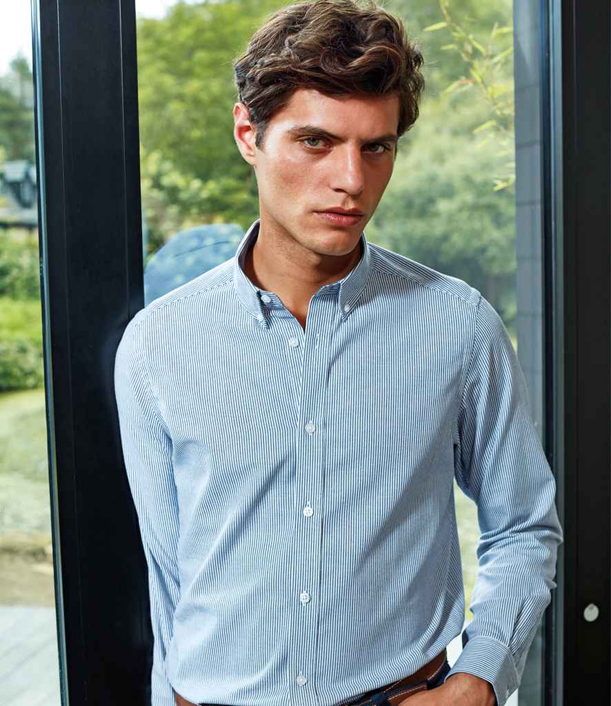 Premier Long Sleeve Striped Oxford Shirt in White Navy by Premier — Custom branded clothing by Print Press, featuring premium embroidery produced in our specialist print lab in the UK.