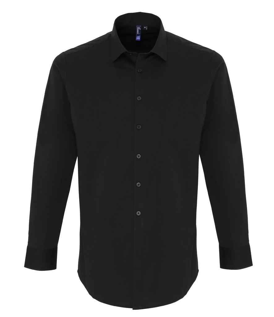 Premier Long Sleeve Stretch Fit Poplin Shirt in Black by Premier — Custom branded clothing by Print Press, featuring premium embroidery produced in our specialist print lab in the UK.