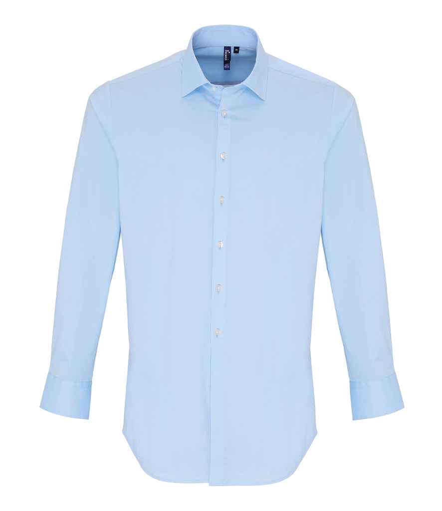 Premier Long Sleeve Stretch Fit Poplin Shirt in Pale Blue by Premier — Custom branded clothing by Print Press, featuring premium embroidery produced in our specialist print lab in the UK.