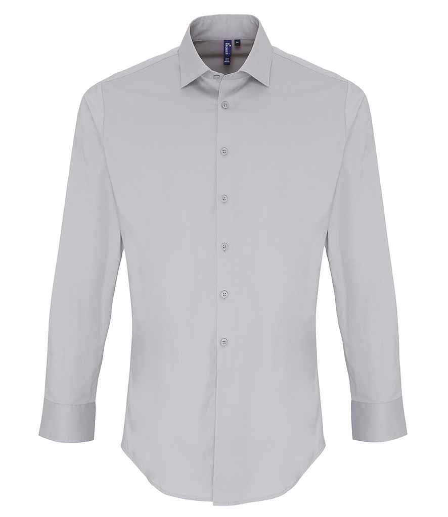 Premier Long Sleeve Stretch Fit Poplin Shirt in Silver by Premier — Custom branded clothing by Print Press, featuring premium embroidery produced in our specialist print lab in the UK.