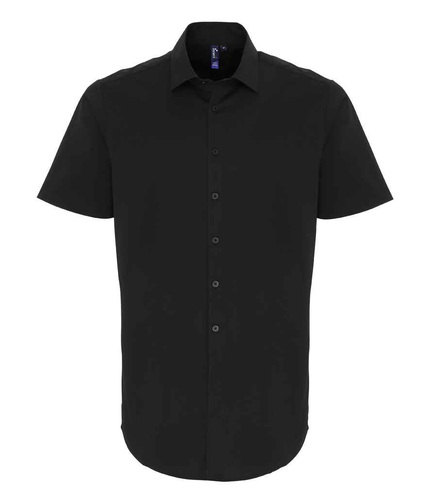 Premier Short Sleeve Stretch Fit Poplin Shirt in Black by Premier — Custom branded clothing by Print Press, featuring premium embroidery produced in our specialist print lab in the UK.