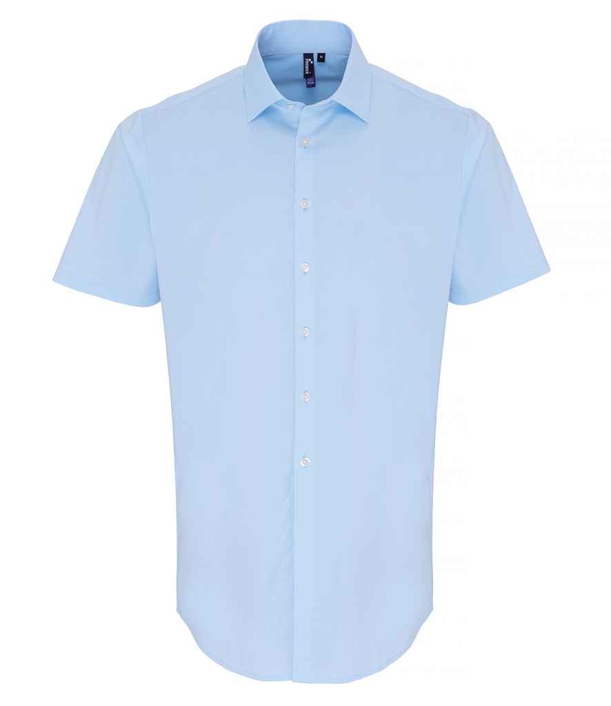 Premier Short Sleeve Stretch Fit Poplin Shirt in Pale Blue by Premier — Custom branded clothing by Print Press, featuring premium embroidery produced in our specialist print lab in the UK.
