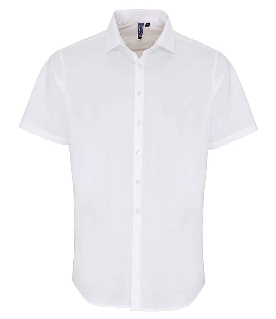Premier Short Sleeve Stretch Fit Poplin Shirt in White by Premier — Custom branded clothing by Print Press, featuring premium embroidery produced in our specialist print lab in the UK.