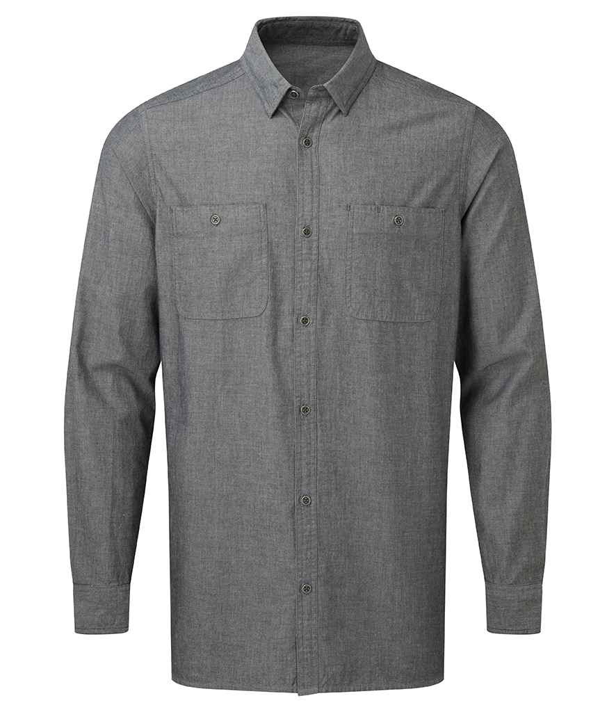 Premier Organic Fairtrade Certified Long Sleeve Chambray Shirt in Grey Denim by Premier — Custom branded clothing by Print Press, featuring premium embroidery produced in our specialist print lab in the UK.