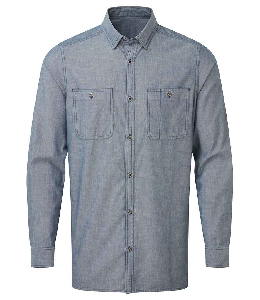 Premier Organic Fairtrade Certified Long Sleeve Chambray Shirt in by Premier — Custom branded clothing by Print Press, featuring premium embroidery produced in our specialist print lab in the UK.