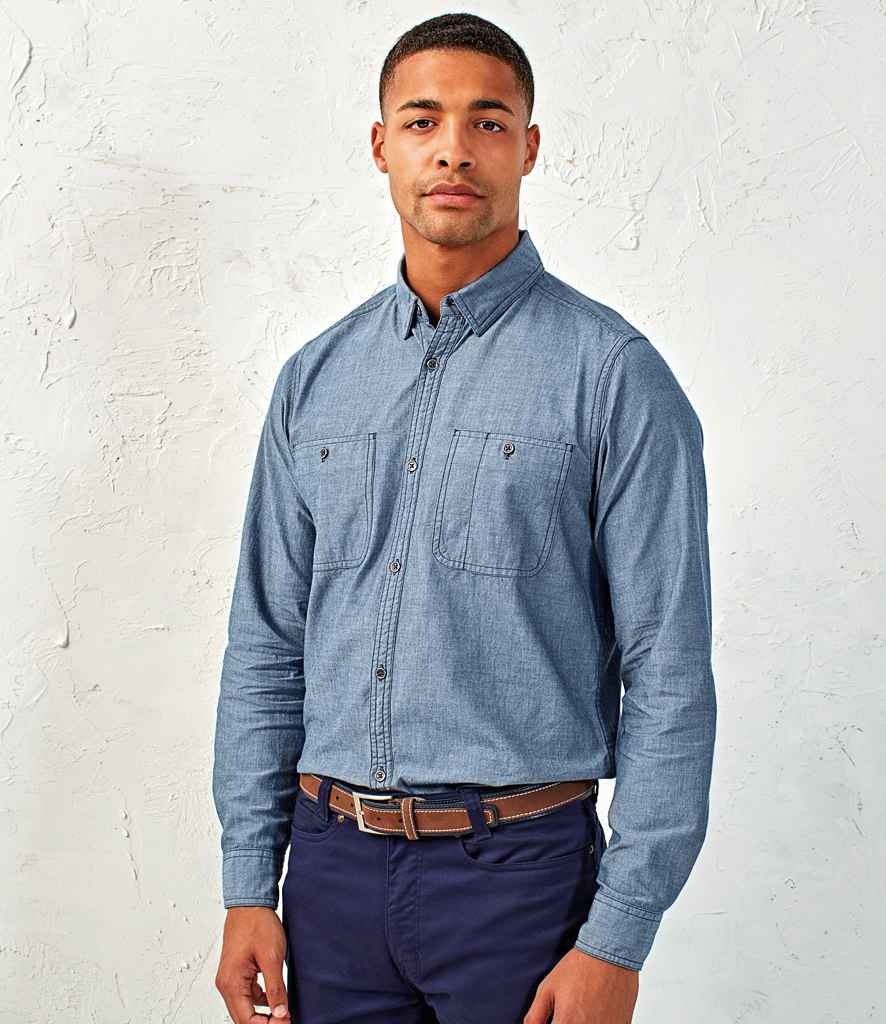 Premier Organic Fairtrade Certified Long Sleeve Chambray Shirt in Indigo Denim by Premier — Custom branded clothing by Print Press, featuring premium embroidery produced in our specialist print lab in the UK.