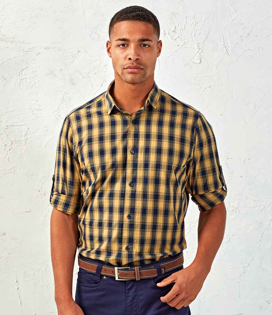 Premier Mulligan Check Long Sleeve Shirt in Camel Navy by Premier — Custom branded clothing by Print Press, featuring premium embroidery produced in our specialist print lab in the UK.