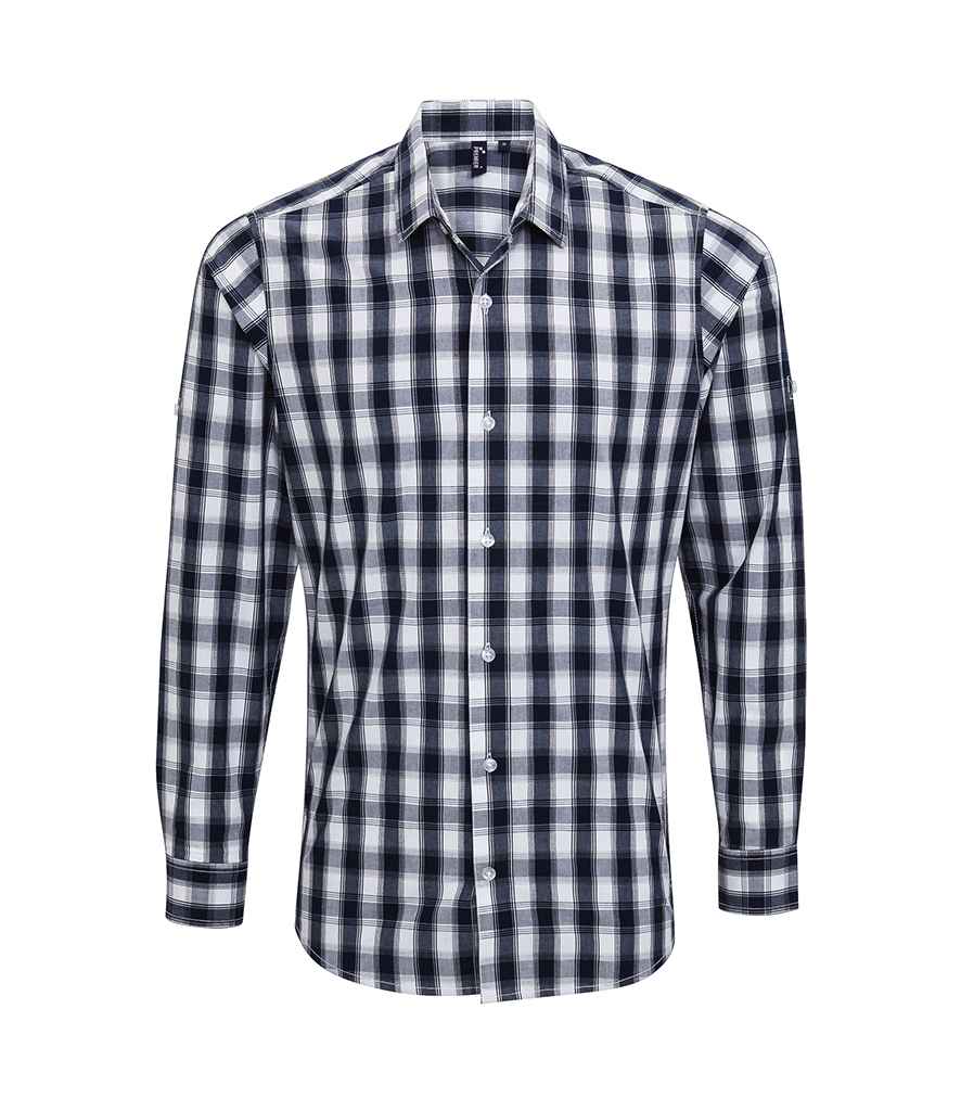 Premier Mulligan Check Long Sleeve Shirt in White Navy by Premier — Custom branded clothing by Print Press, featuring premium embroidery produced in our specialist print lab in the UK.