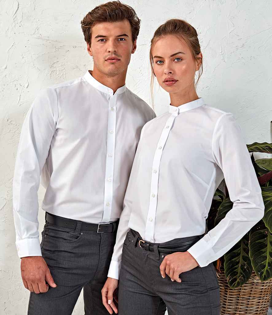 Premier Long Sleeve Grandad Shirt in White by Premier — Custom branded clothing by Print Press, featuring premium embroidery produced in our specialist print lab in the UK.