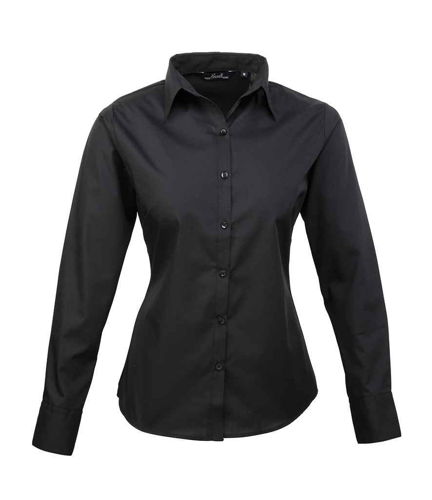 Premier Ladies Long Sleeve Poplin Blouse - (4th Colours) in Black by Premier — Custom branded clothing by Print Press, featuring premium embroidery produced in our specialist print lab in the UK.