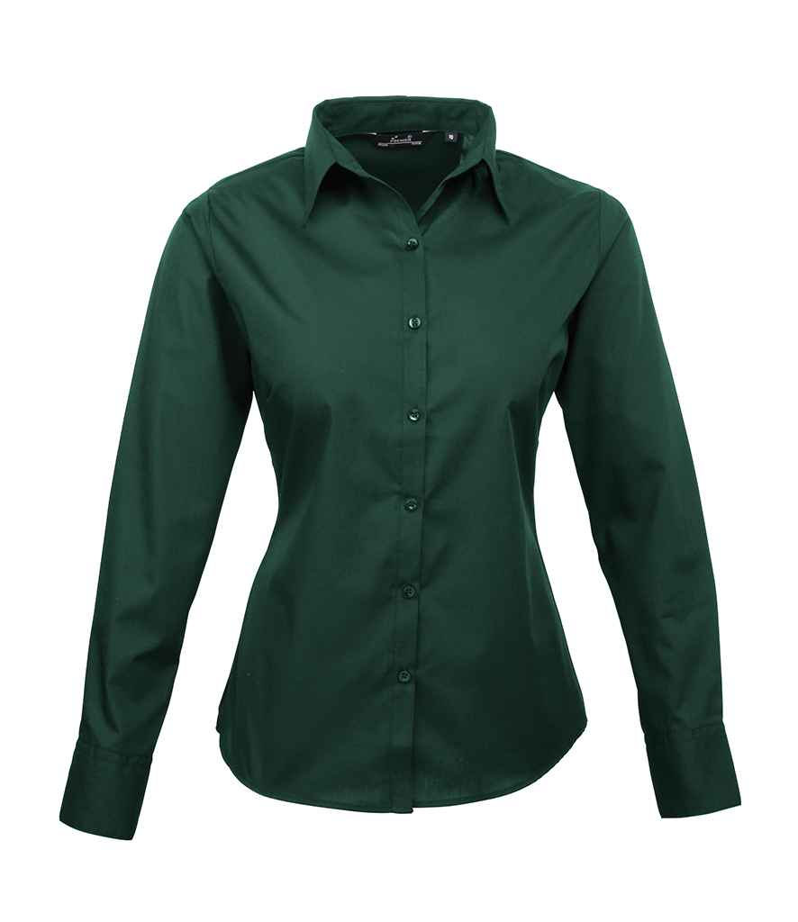 Premier Ladies Long Sleeve Poplin Blouse - (3rd Colours) in Bottle Green by Premier — Custom branded clothing by Print Press, featuring premium embroidery produced in our specialist print lab in the UK.