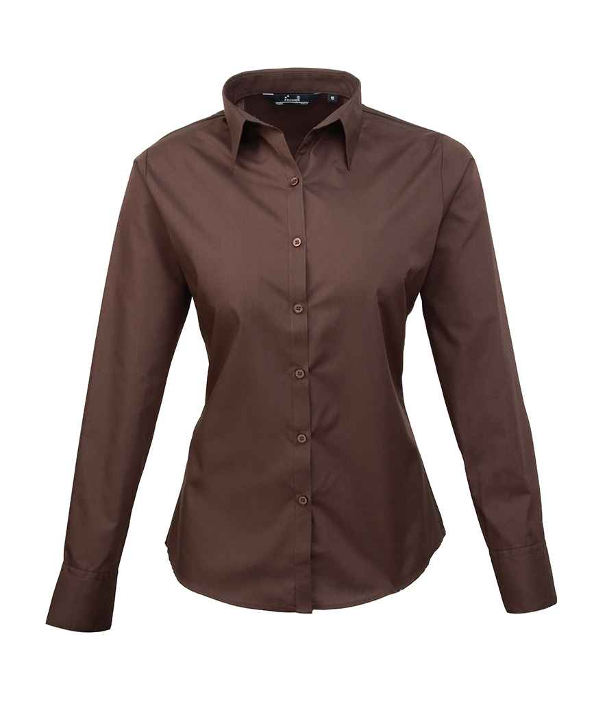 Premier Ladies Long Sleeve Poplin Blouse - (3rd Colours) in Brown by Premier — Custom branded clothing by Print Press, featuring premium embroidery produced in our specialist print lab in the UK.