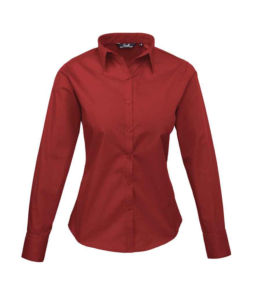 Premier Ladies Long Sleeve Poplin Blouse - (3rd Colours) in Burgundy by Premier — Custom branded clothing by Print Press, featuring premium embroidery produced in our specialist print lab in the UK.
