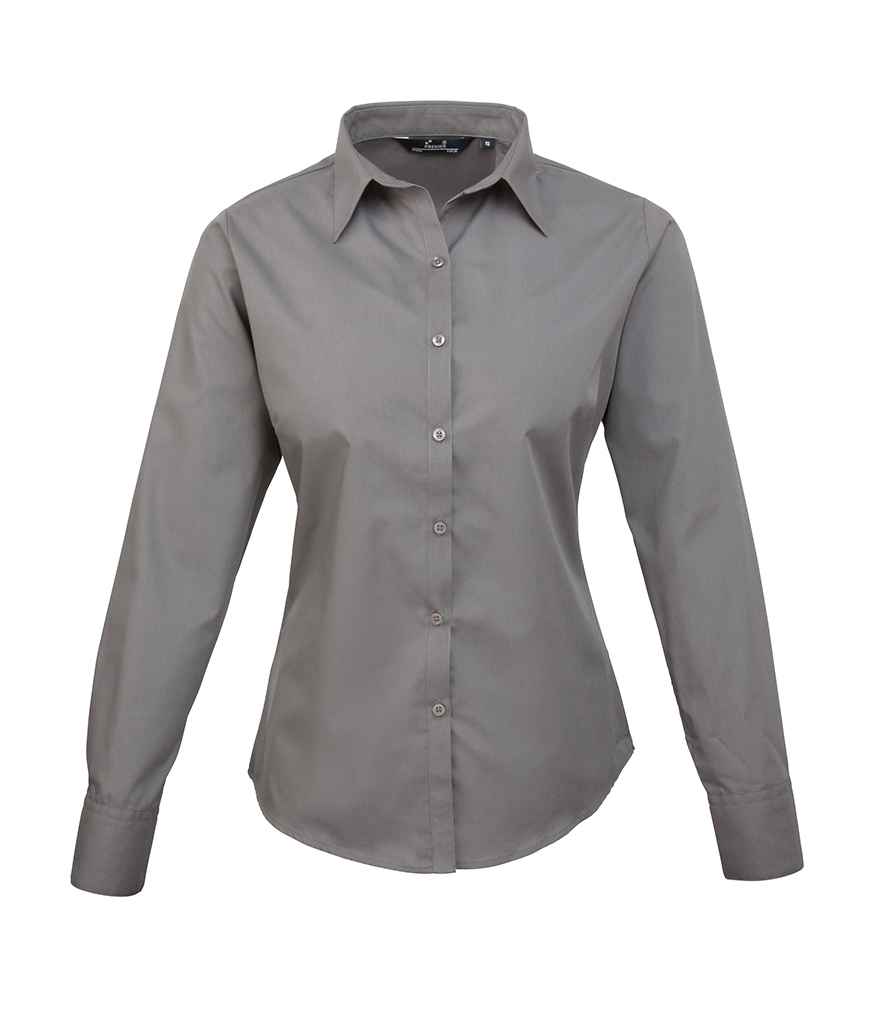 Premier Ladies Long Sleeve Poplin Blouse - (3rd Colours) in Dark Grey by Premier — Custom branded clothing by Print Press, featuring premium embroidery produced in our specialist print lab in the UK.