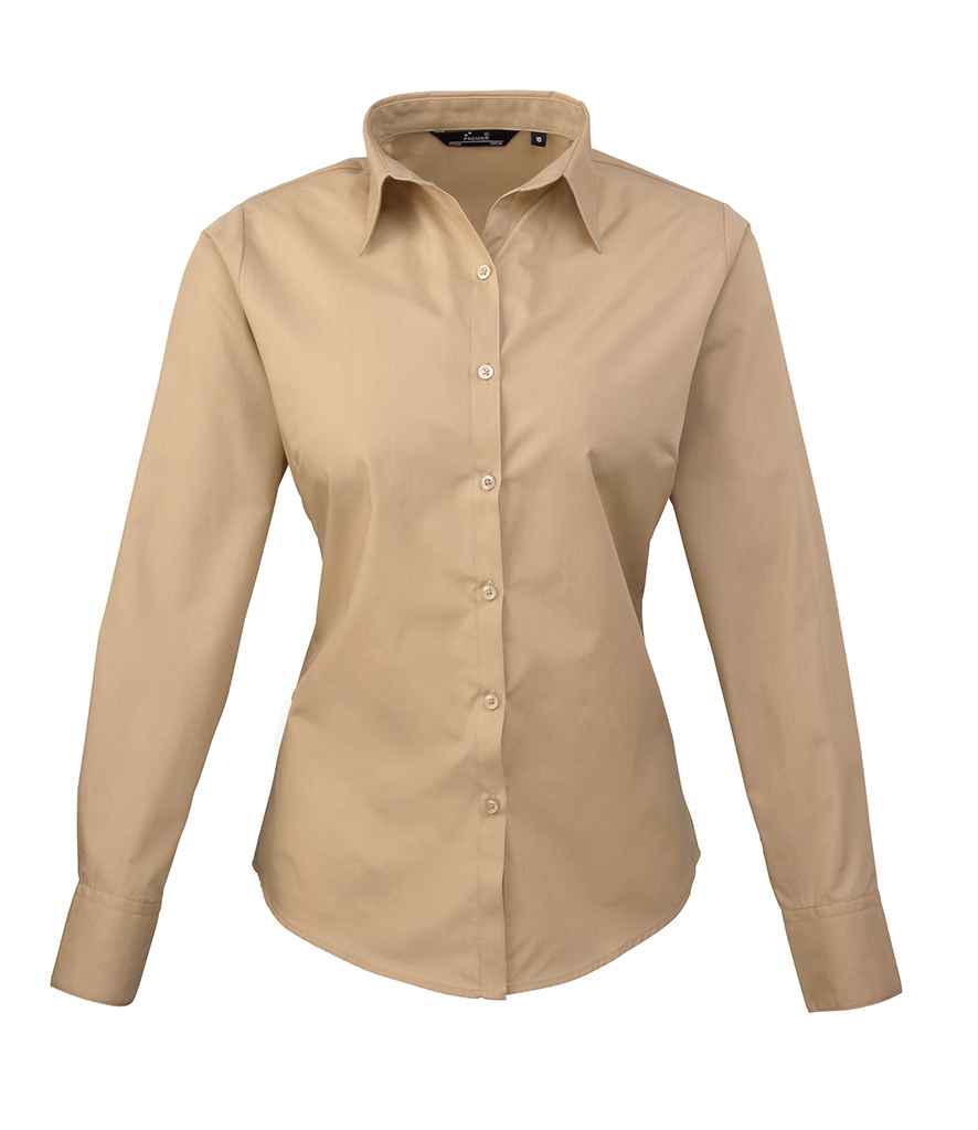 Premier Ladies Long Sleeve Poplin Blouse - (3rd Colours) in Khaki by Premier — Custom branded clothing by Print Press, featuring premium embroidery produced in our specialist print lab in the UK.
