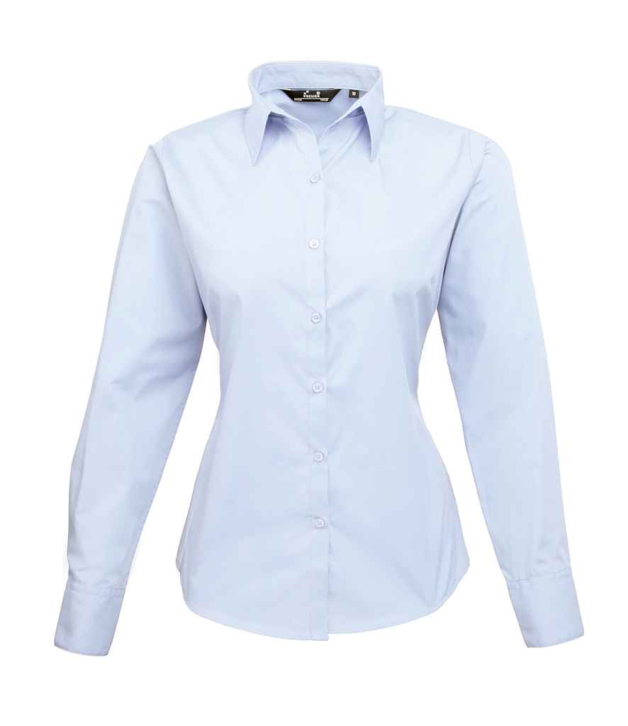 Premier Ladies Long Sleeve Poplin Blouse - (3rd Colours) in Light Blue by Premier — Custom branded clothing by Print Press, featuring premium embroidery produced in our specialist print lab in the UK.