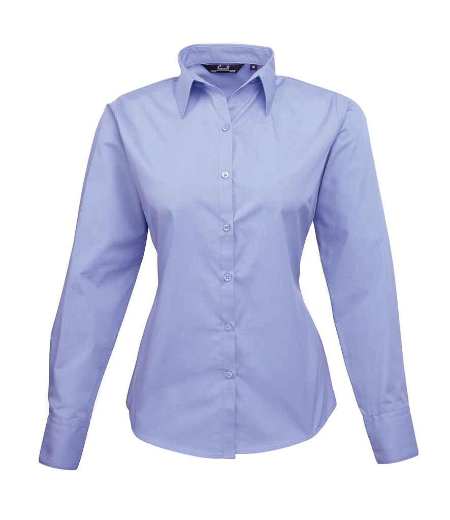 Premier Ladies Long Sleeve Poplin Blouse - (2nd Colours) in Mid Blue by Premier — Custom branded clothing by Print Press, featuring premium embroidery produced in our specialist print lab in the UK.