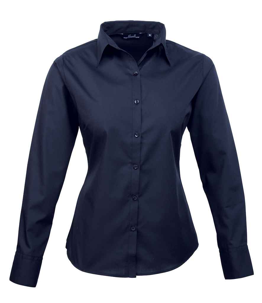 Premier Ladies Long Sleeve Poplin Blouse - (2nd Colours) in by Premier — Custom branded clothing by Print Press, featuring premium embroidery produced in our specialist print lab in the UK.