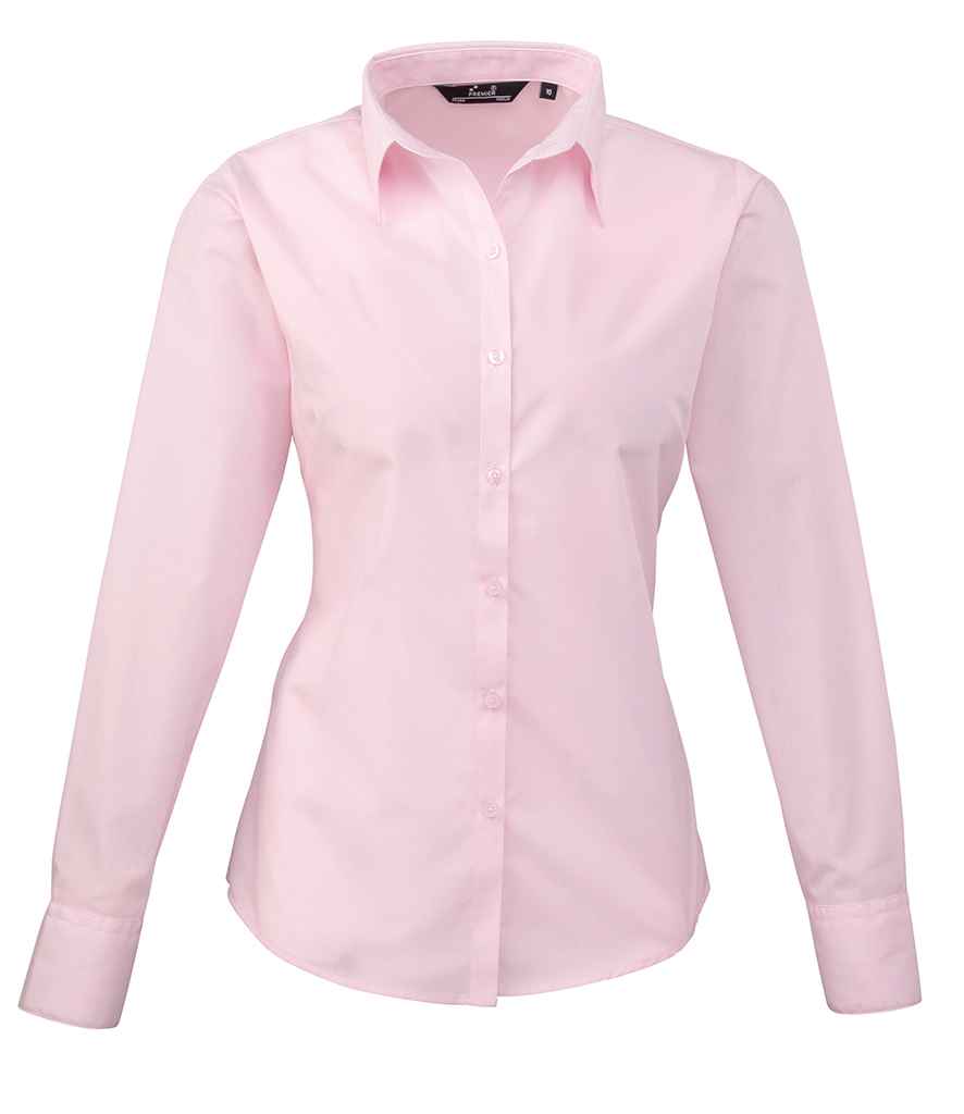 Premier Ladies Long Sleeve Poplin Blouse - (2nd Colours) in Pink by Premier — Custom branded clothing by Print Press, featuring premium embroidery produced in our specialist print lab in the UK.