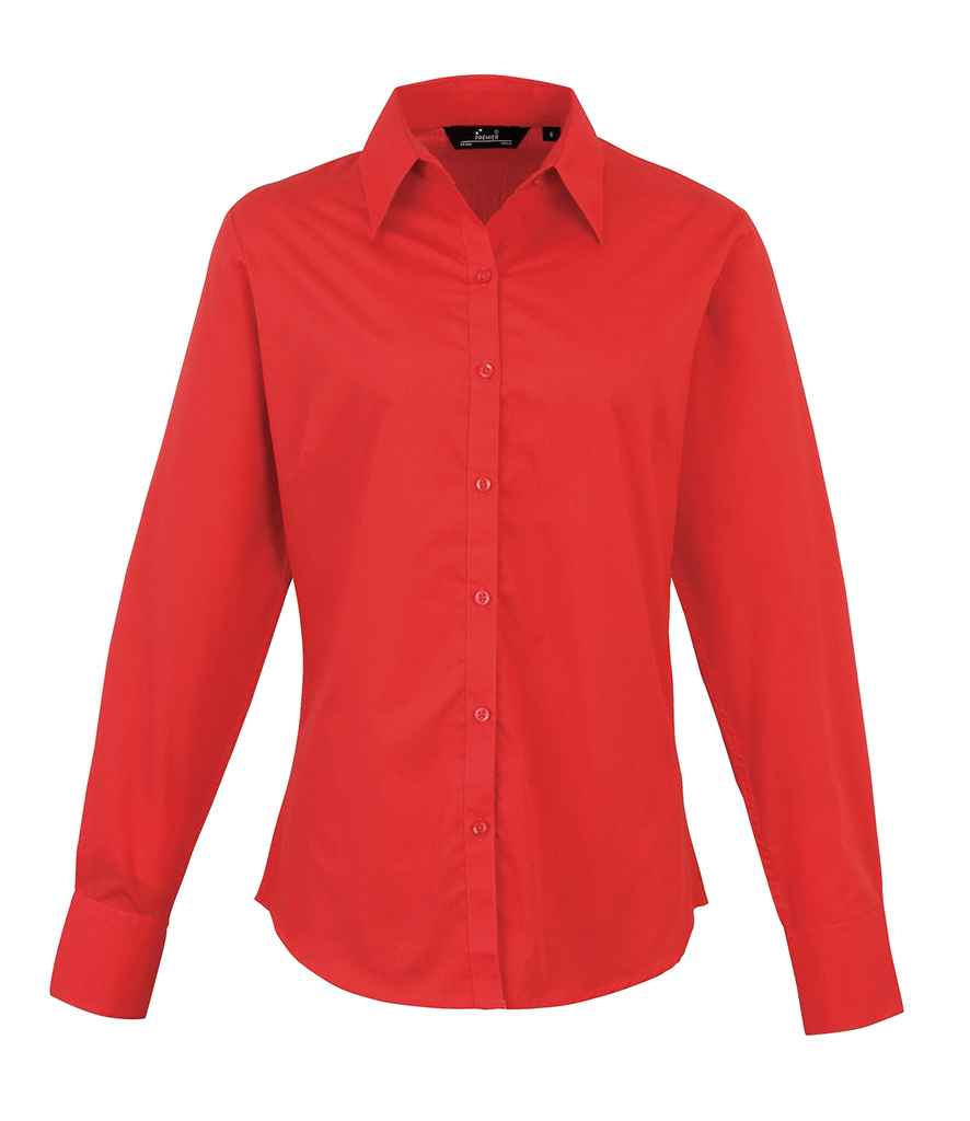Premier Ladies Long Sleeve Poplin Blouse - (2nd Colours) in Red by Premier — Custom branded clothing by Print Press, featuring premium embroidery produced in our specialist print lab in the UK.