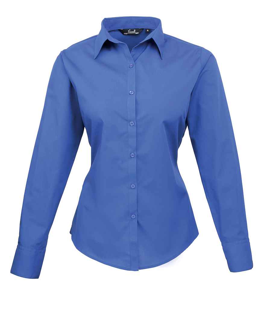 Premier Ladies Long Sleeve Poplin Blouse in Royal Blue by Premier — Custom branded clothing by Print Press, featuring premium embroidery produced in our specialist print lab in the UK.