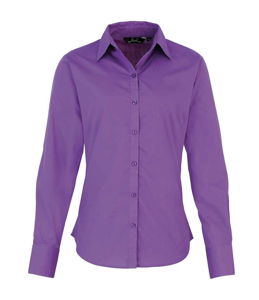 Premier Ladies Long Sleeve Poplin Blouse in Rich Violet by Premier — Custom branded clothing by Print Press, featuring premium embroidery produced in our specialist print lab in the UK.