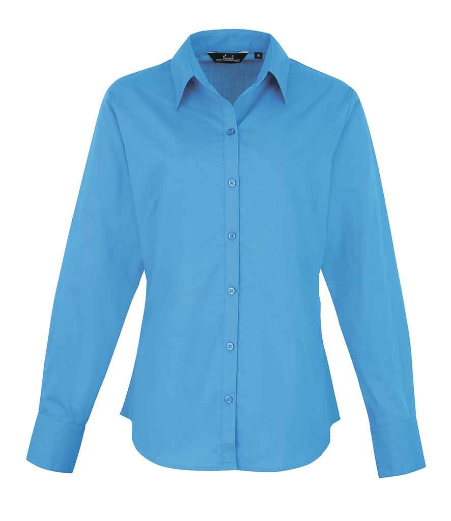 Premier Ladies Long Sleeve Poplin Blouse in Sapphire Blue by Premier — Custom branded clothing by Print Press, featuring premium embroidery produced in our specialist print lab in the UK.