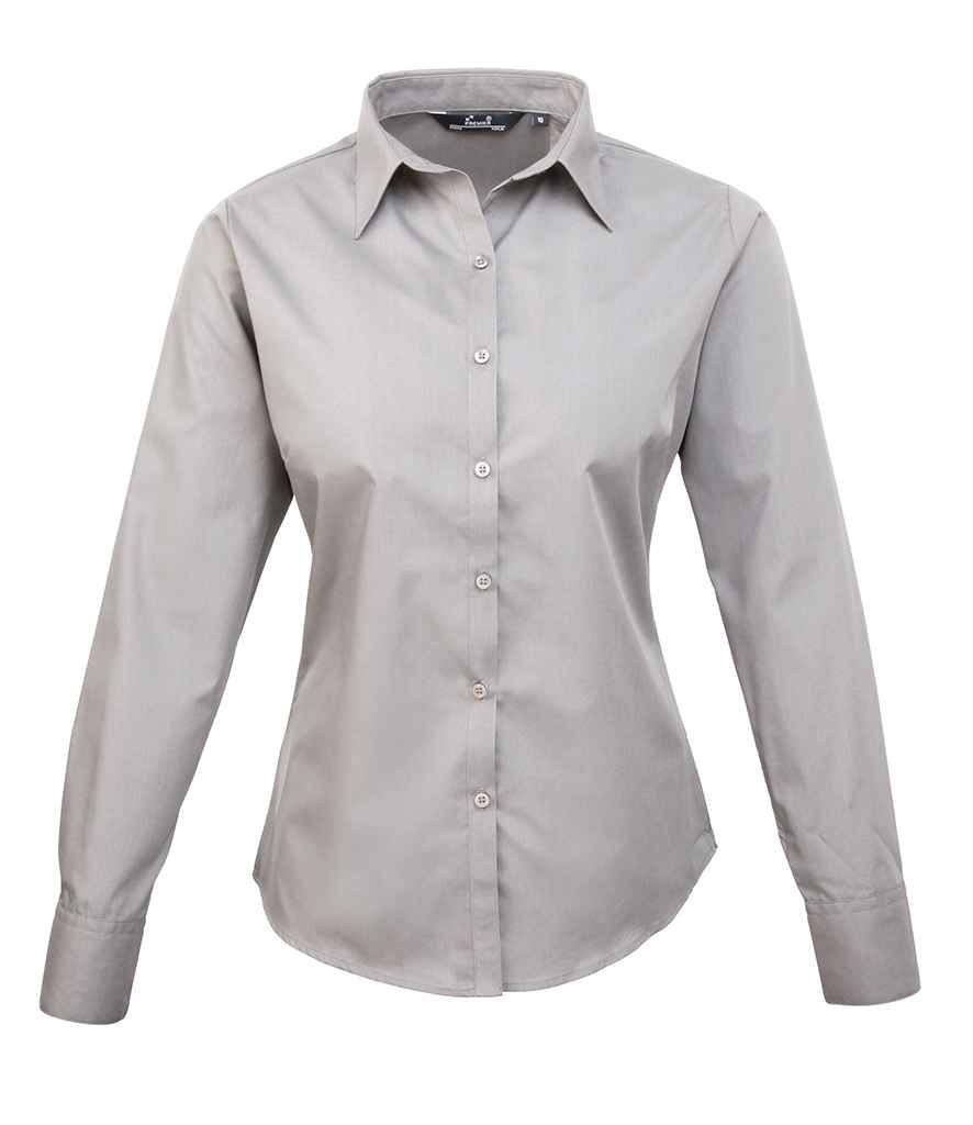Premier Ladies Long Sleeve Poplin Blouse in Silver by Premier — Custom branded clothing by Print Press, featuring premium embroidery produced in our specialist print lab in the UK.