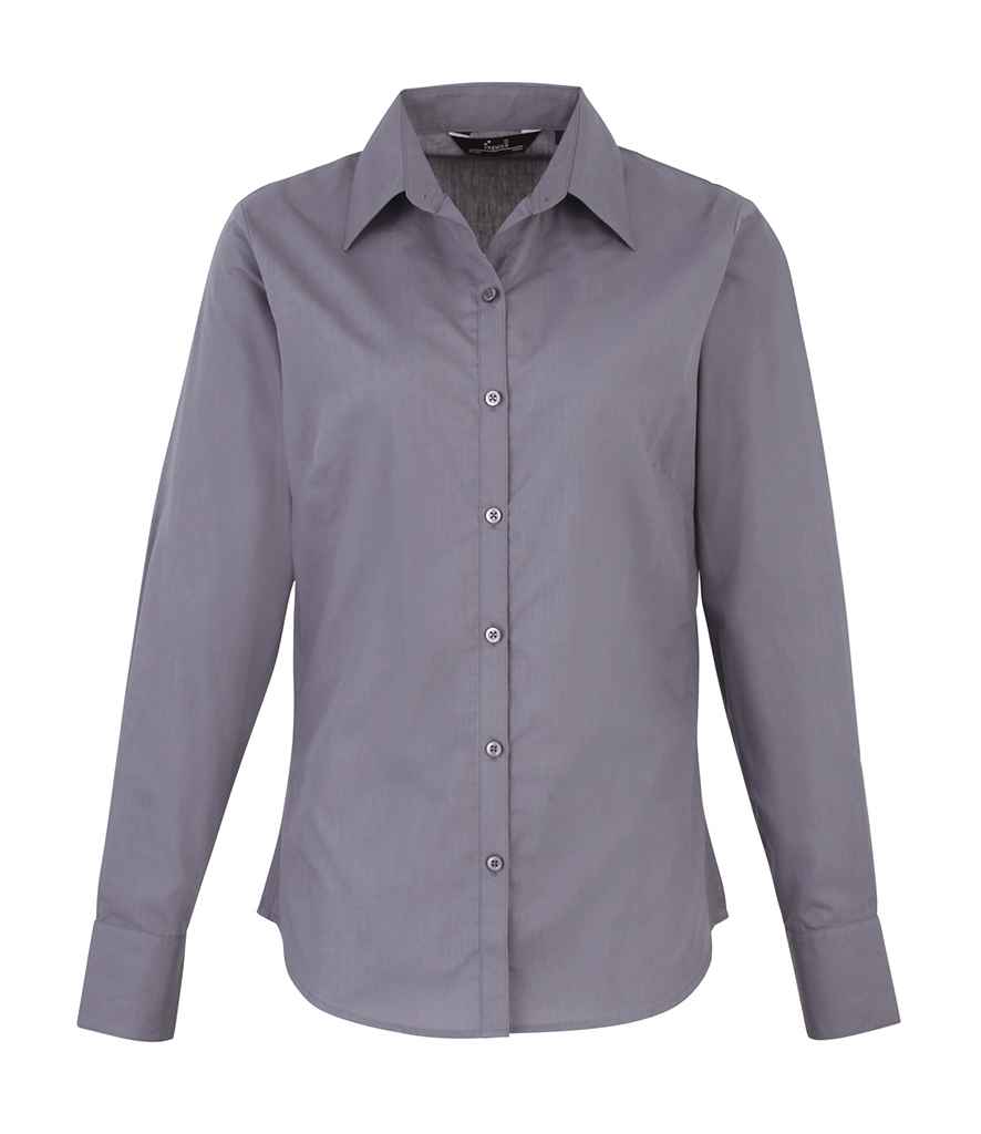 Premier Ladies Long Sleeve Poplin Blouse in Steel by Premier — Custom branded clothing by Print Press, featuring premium embroidery produced in our specialist print lab in the UK.