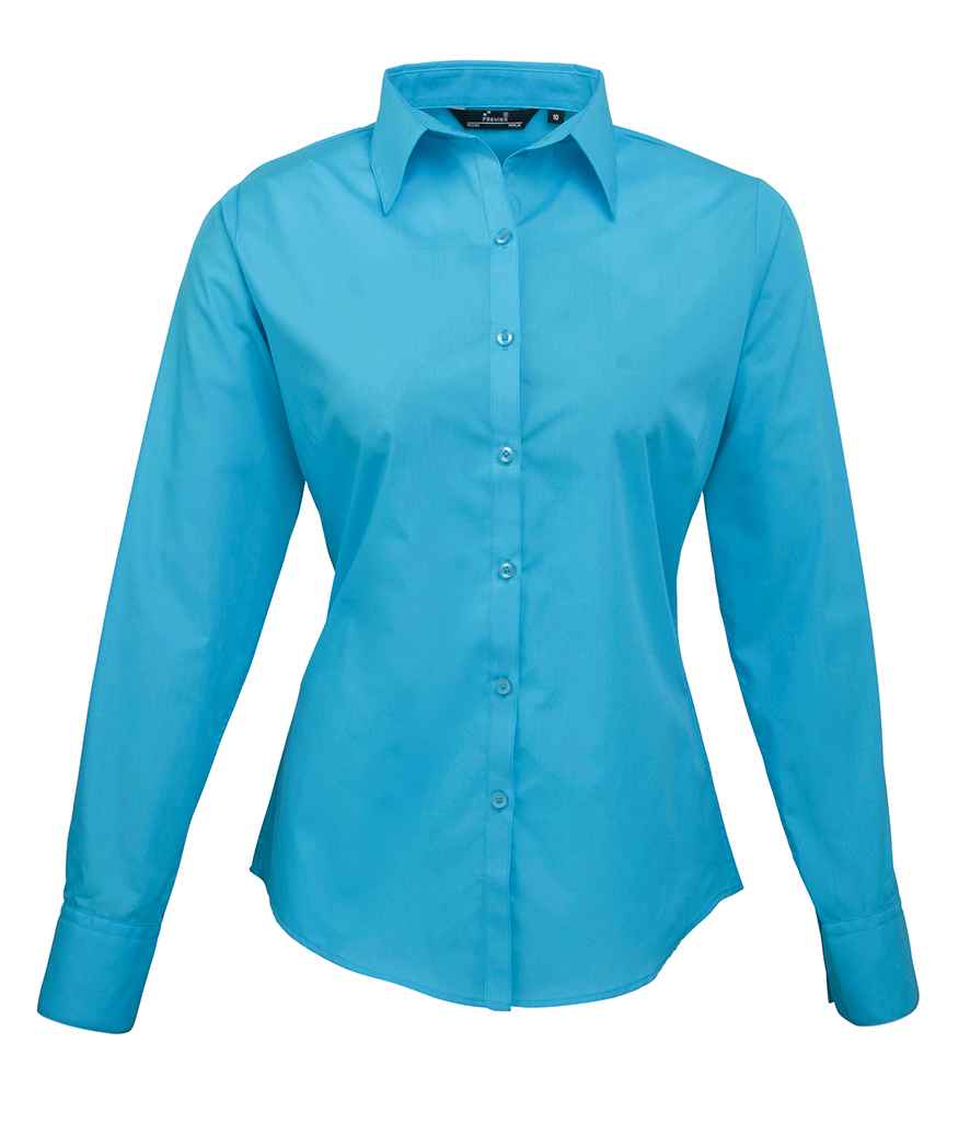Premier Ladies Long Sleeve Poplin Blouse in Turquoise Blue by Premier — Custom branded clothing by Print Press, featuring premium embroidery produced in our specialist print lab in the UK.