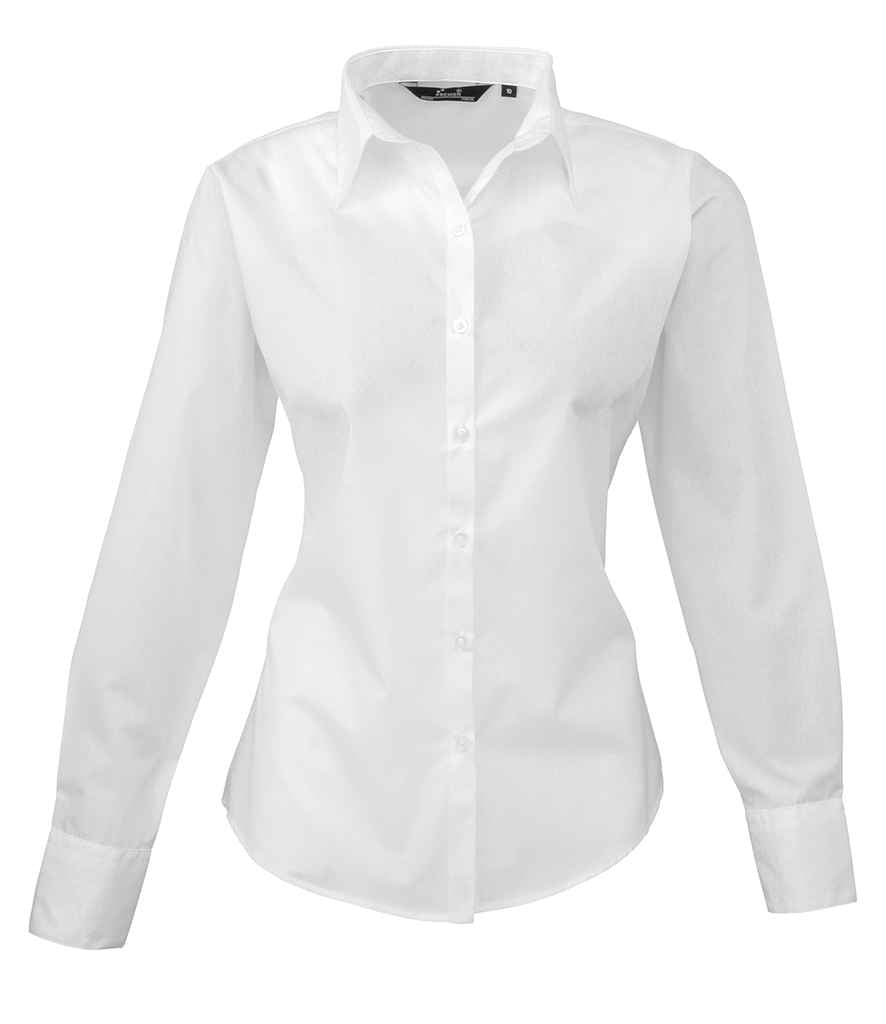 Premier Ladies Long Sleeve Poplin Blouse in White by Premier — Custom branded clothing by Print Press, featuring premium embroidery produced in our specialist print lab in the UK.