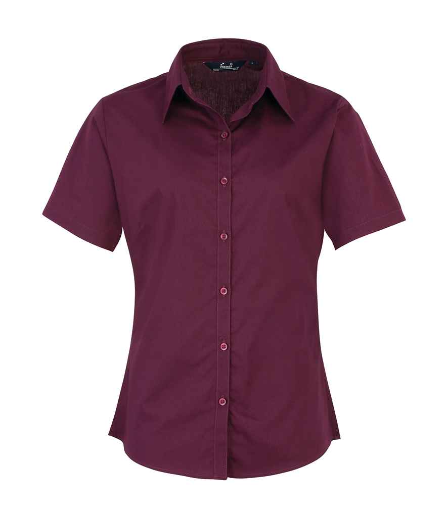 Premier Ladies Short Sleeve Poplin Blouse - (2nd Colours) in Aubergine by Premier — Custom branded clothing by Print Press, featuring premium embroidery produced in our specialist print lab in the UK.