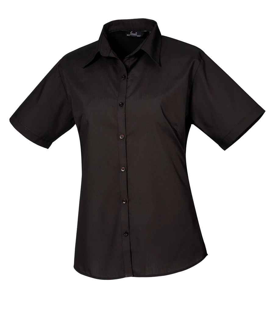 Premier Ladies Short Sleeve Poplin Blouse in Black by Premier — Custom branded clothing by Print Press, featuring premium embroidery produced in our specialist print lab in the UK.