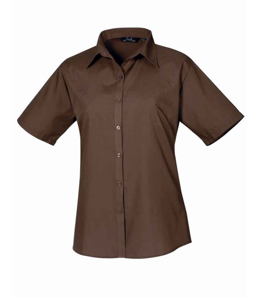 Premier Ladies Short Sleeve Poplin Blouse - (3rd Colours) in Brown by Premier — Custom branded clothing by Print Press, featuring premium embroidery produced in our specialist print lab in the UK.